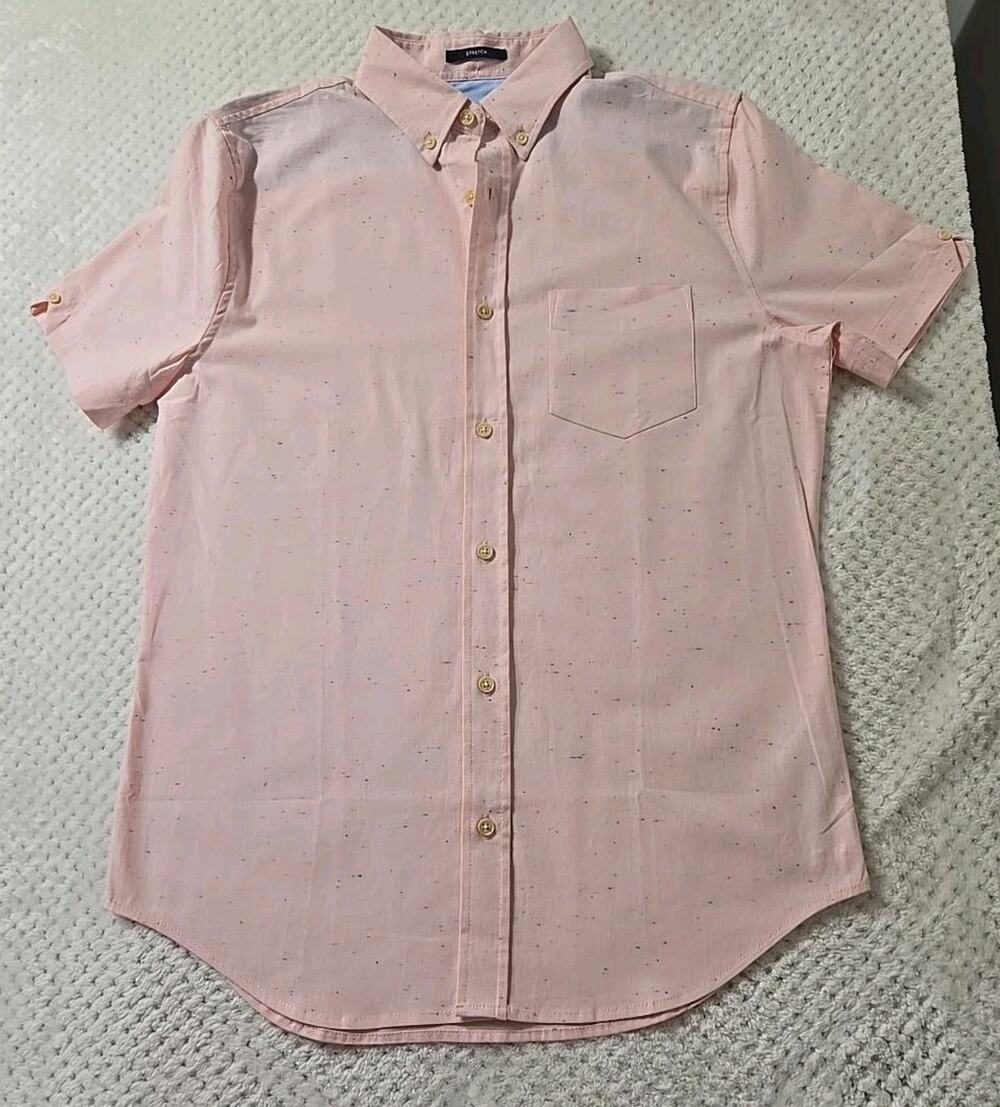Ben Sherman Mens S Pink Speckled Button Up Shirt Stretch Short Sleeve Cotton